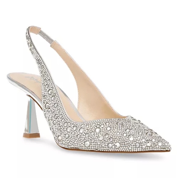 Betsey Johnson Shoes Womens Silver Rhinestone Slingback Heels Pointed Toe Bridal - Picture 1 of 7